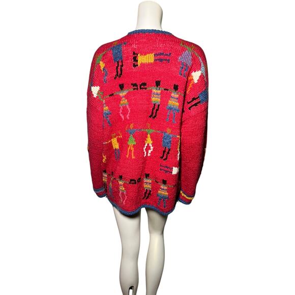 Amiano Handknit Bolivia Wool Cardigan Red Folk Art Sweater Vintage - Picture 3 of 9